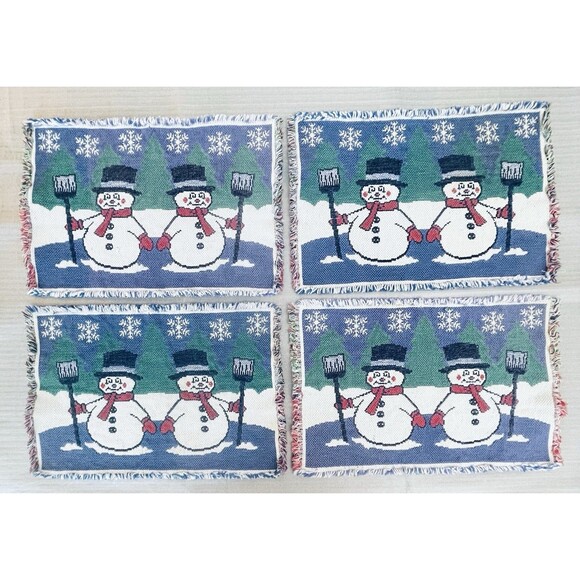Snowman Tapestry Placemats Set of 4 Fringe Edges Winter Christmas Decor 17.5"x11 - Picture 1 of 7